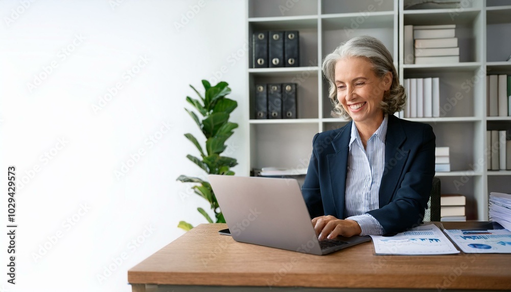 Happy busy mature business woman entrepreneur in office using laptop at work, smiling professional middle aged female company executive manager working looking at computer at workplace. Happy busy mature business woman entrepreneur in office using laptop at work, smiling professional middle aged female company executive manager working looking at computer at workplace.