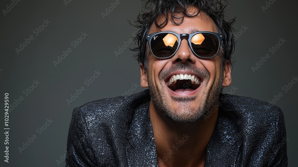A man in stylish sunglasses smiles brightly while wearing a black sequined jacket against a dark background A man in stylish sunglasses smiles brightly while wearing a black sequined jacket against a dark background