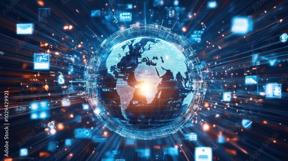 Obraz premium A digital globe surrounded by data and icons representing global communication and networking.