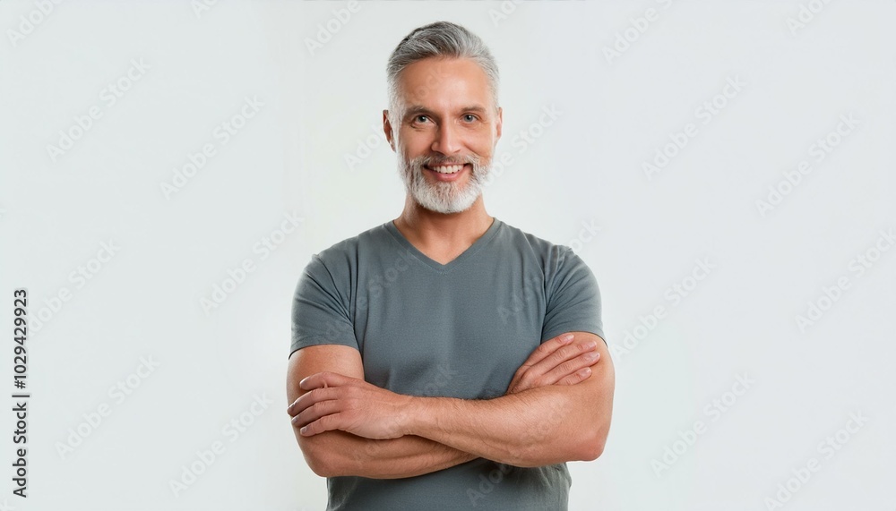 Happy middle aged older man isolated on white studio background. Confident mature mid adult handsome bearded gray-haired male model wearing t-shirt looking at camera with arms crossed. Portrait