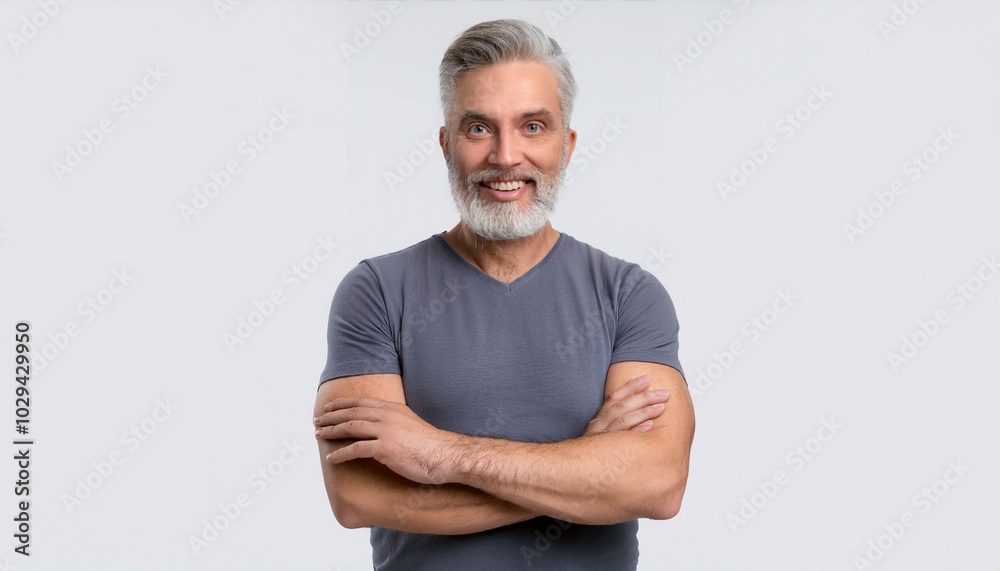 Happy middle aged older man isolated on white studio background. Confident mature mid adult handsome bearded gray-haired male model wearing t-shirt looking at camera with arms crossed. Portrait Happy middle aged older man isolated on white studio background. Confident mature mid adult handsome bearded gray-haired male model wearing t-shirt looking at camera with arms crossed. Portrait