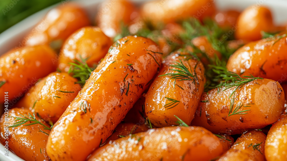 Close-up of cooked glazed carrots with fresh dill