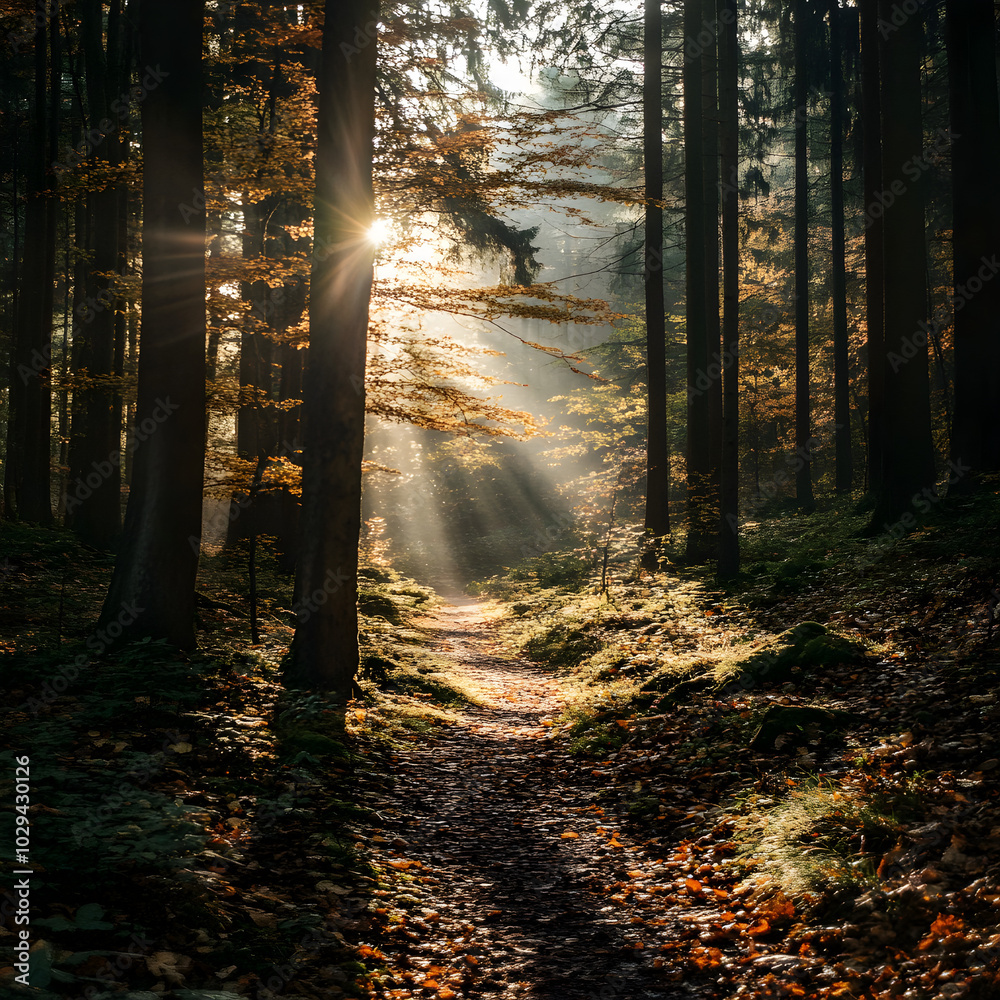 Fototapeta premium Morning sunlight filters through a tranquil forest path surrounded by autumn foliage