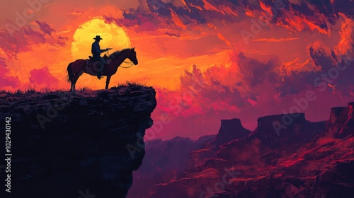 Dramatic scene of a cowboy sitting beside his horse, aiming his gun from the edge of a cliff, silhouetted against a vivid sunset , digital art style, illustration painting