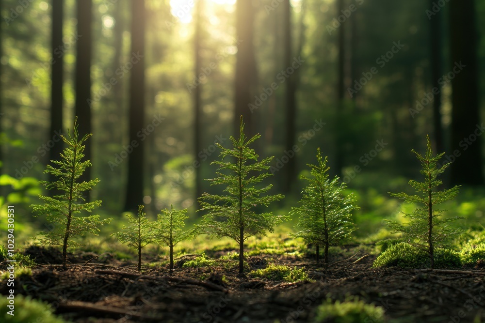 Fototapeta premium forest growth, young coniferous seedlings rest under towering trees, cradled by the forests whispers and sunlights embrace text space in the background
