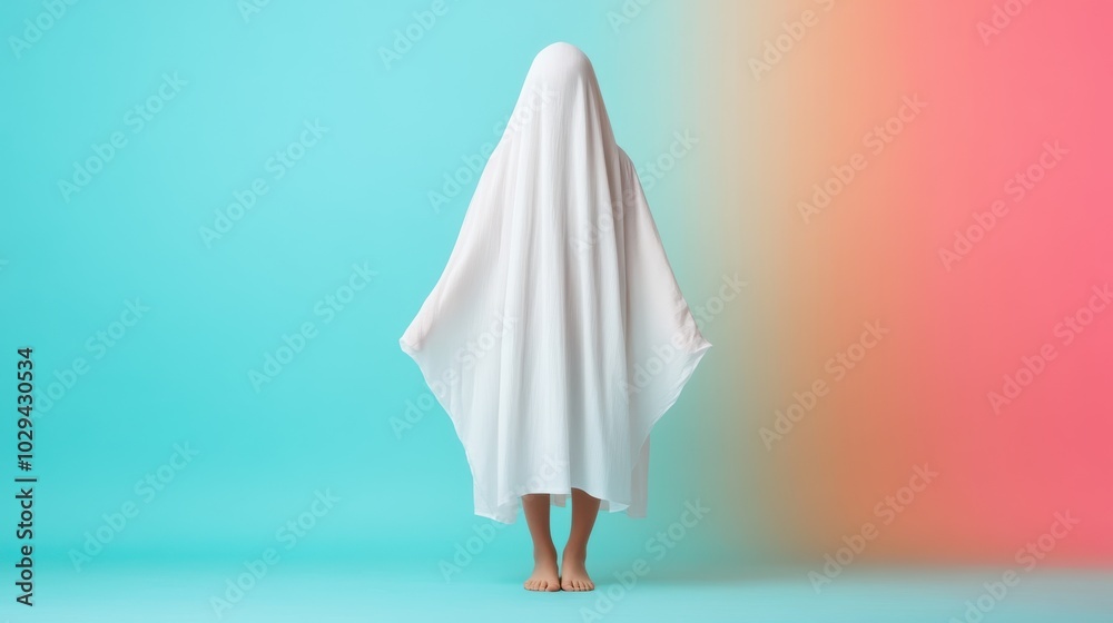 A person completely cloaked in a white sheet impersonates a ghost, standing against a strangely colored background blending blue and pink for an eccentric effect. A person completely cloaked in a white sheet impersonates a ghost, standing against a strangely colored background blending blue and pink for an eccentric effect.