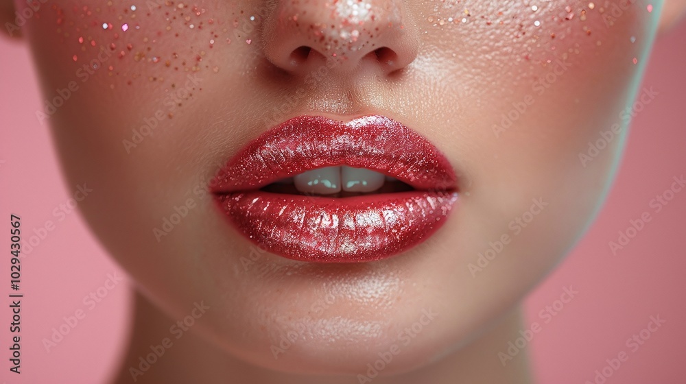 Naklejka premium Glossy pink glitter lips with sparkling makeup on a soft pink background, minimalistic composition with copy space. Glamorous and creative beauty concept for fashion and advertising designs.