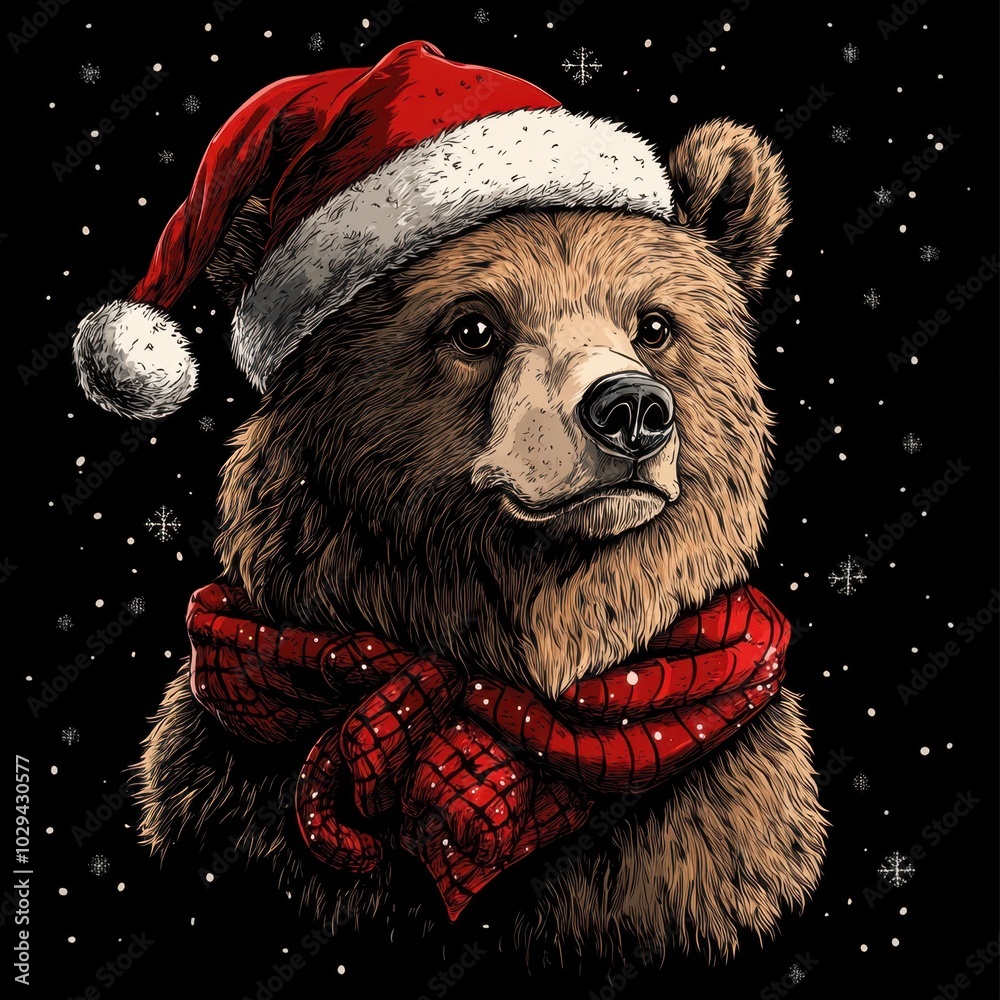 Illustrated brown bear wearing a Santa hat and red scarf on a snowy background.