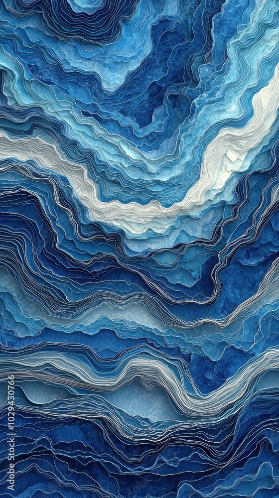 Obraz premium A mesmerizing piece of abstract fluid art featuring layered waves of blue and white, creating an organic, flowing design that resembles a topographic map or rippled sand dunes.