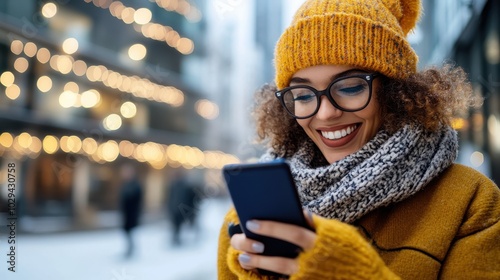 A woman in winter attire with a wide smile uses her smartphone in an outdoor city environment, surrounded by lights, expressing happiness and digital connection. photo