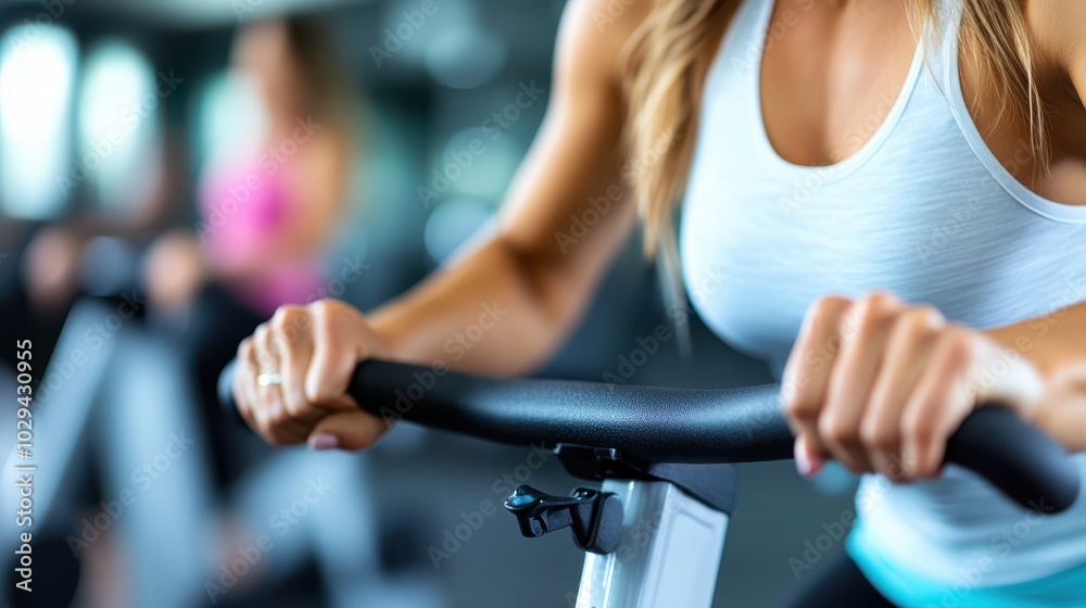 A focused image of hands gripping the handlebars of an exercise bike in a gym, capturing the essence of human strength and dedication, set against a dynamic background. A focused image of hands gripping the handlebars of an exercise bike in a gym, capturing the essence of human strength and dedication, set against a dynamic background.