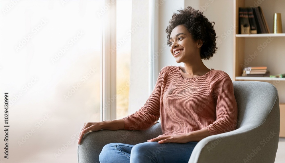 Young relaxed smiling pretty woman relaxing sitting on chair at home. Happy positive beautiful lady feeling joy enjoying wellbeing and lounge chilling near window in modern cozy apartment interior Young relaxed smiling pretty woman relaxing sitting on chair at home. Happy positive beautiful lady feeling joy enjoying wellbeing and lounge chilling near window in modern cozy apartment interior