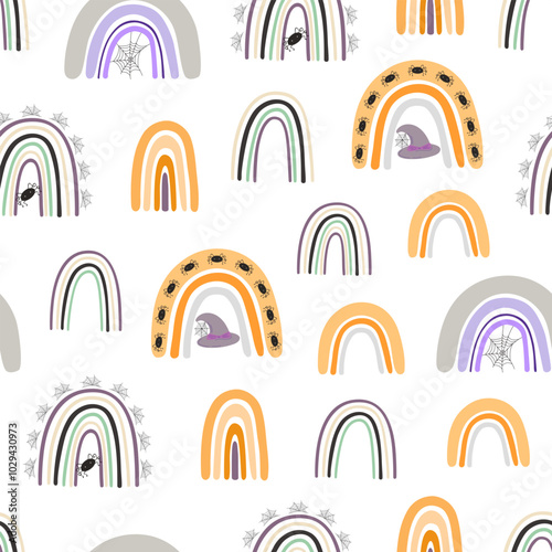 Halloween rainbow seamless pattern, simple hand drawn repeat illustration in trendy pastel colors, minimalist concept perfect for textile, celebration decor, cards, gift paper, papercraft