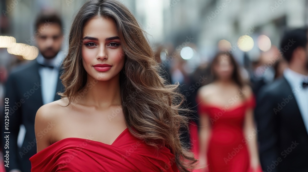 A confident woman in an elegant red dress poses amidst a sophisticated crowd at a glamorous event, exuding charm and grace on the lively red carpet. A confident woman in an elegant red dress poses amidst a sophisticated crowd at a glamorous event, exuding charm and grace on the lively red carpet.