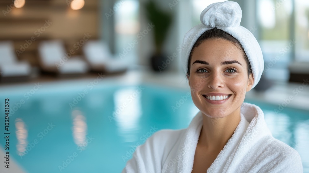 A tranquil woman in a spa robe and towel smiles contentedly by a serene indoor pool, exuding relaxation, luxury, and the art of self-care. A tranquil woman in a spa robe and towel smiles contentedly by a serene indoor pool, exuding relaxation, luxury, and the art of self-care.