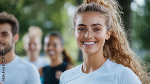 A young, smiling woman with curly hair and a ponytail wears a white shirt while exercising outdoors with a group, embodying joy and health amidst nature.