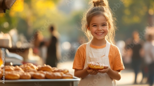 A young girl with a bright smile holds a sprinkle-covered donut at an outdoor market, wearing an apron, embodying joy and excitement in a warm setting. photo