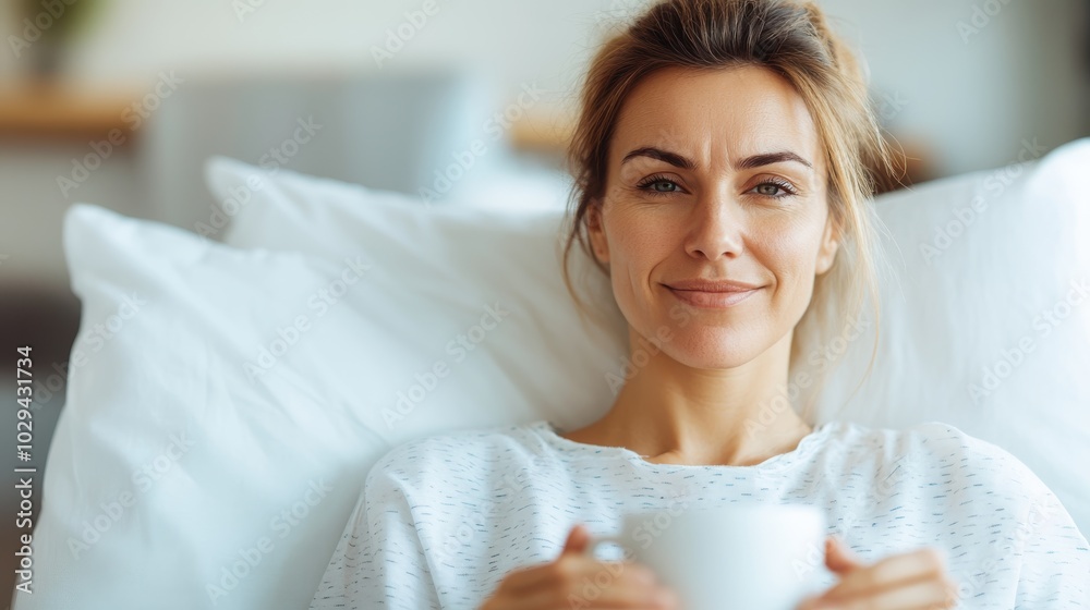 A serene woman sits comfortably in bed, holding a cup of coffee, exuding a peaceful and content vibe, surrounded by soft white pillows in a cozy setting. A serene woman sits comfortably in bed, holding a cup of coffee, exuding a peaceful and content vibe, surrounded by soft white pillows in a cozy setting.
