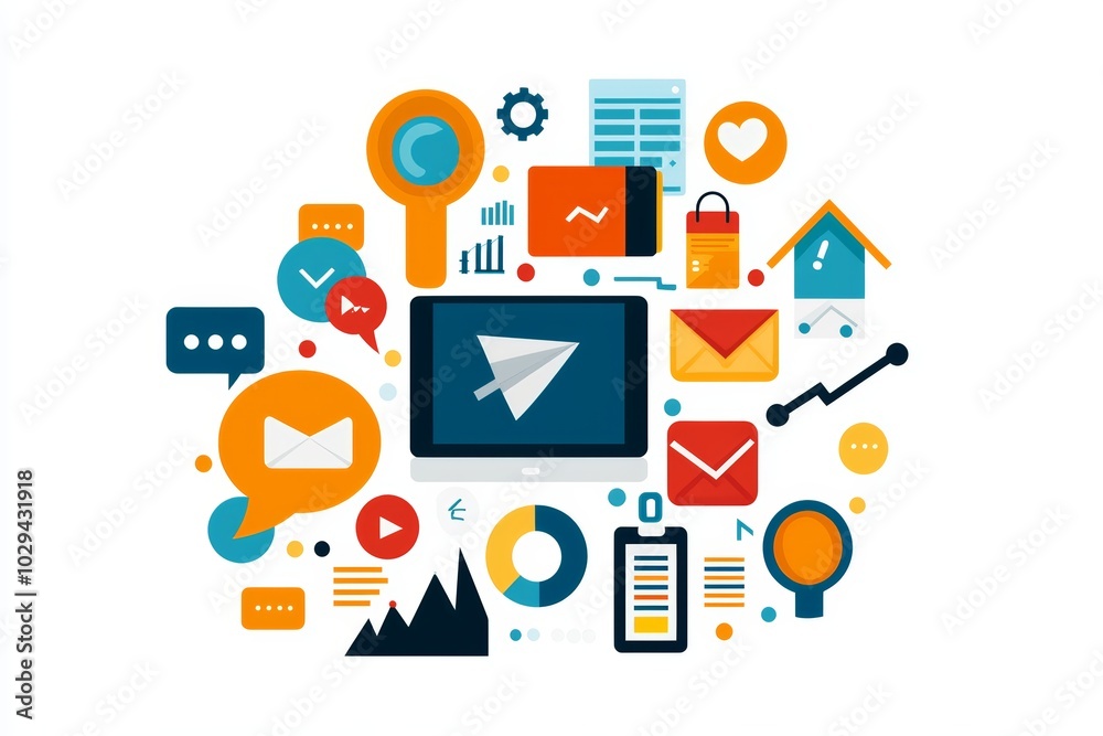 A digital marketing strategy, arrows and icons, flat design, isolated on white background