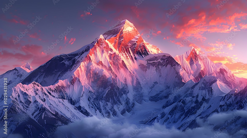 A snow-covered mountain peak illuminated by the first light of dawn A snow-covered mountain peak illuminated by the first light of dawn