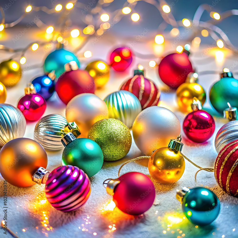 Colorful Christmas baubles and twinkling fairy lights are scattered across a surface Colorful Christmas baubles and twinkling fairy lights are scattered across a surface