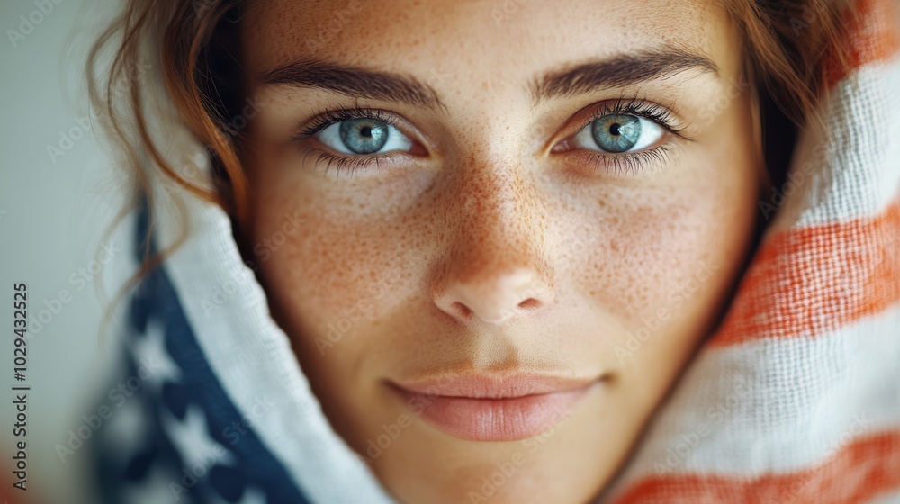 A serene woman's face is framed softly by the American flag wrap, displaying bright, piercing eyes and tender freckles, symbolizing hope and unity. A serene woman's face is framed softly by the American flag wrap, displaying bright, piercing eyes and tender freckles, symbolizing hope and unity.