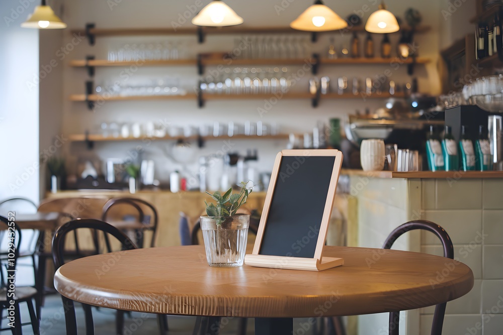 Wooden table holds empty chalkboard menu in cozy cafe, blurred background Wooden table holds empty chalkboard menu in cozy cafe, blurred background
