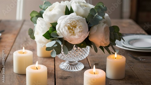 Elegant floral centerpiece with candles on a dining table