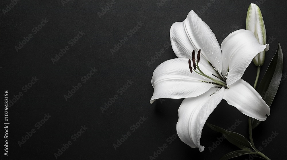  White flower on black background with a green stem in the center