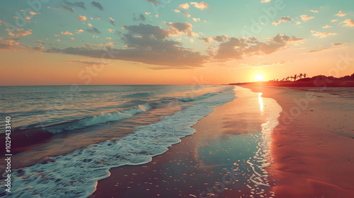 A tranquil beach at sunset with soft waves gently lapping the shore photo