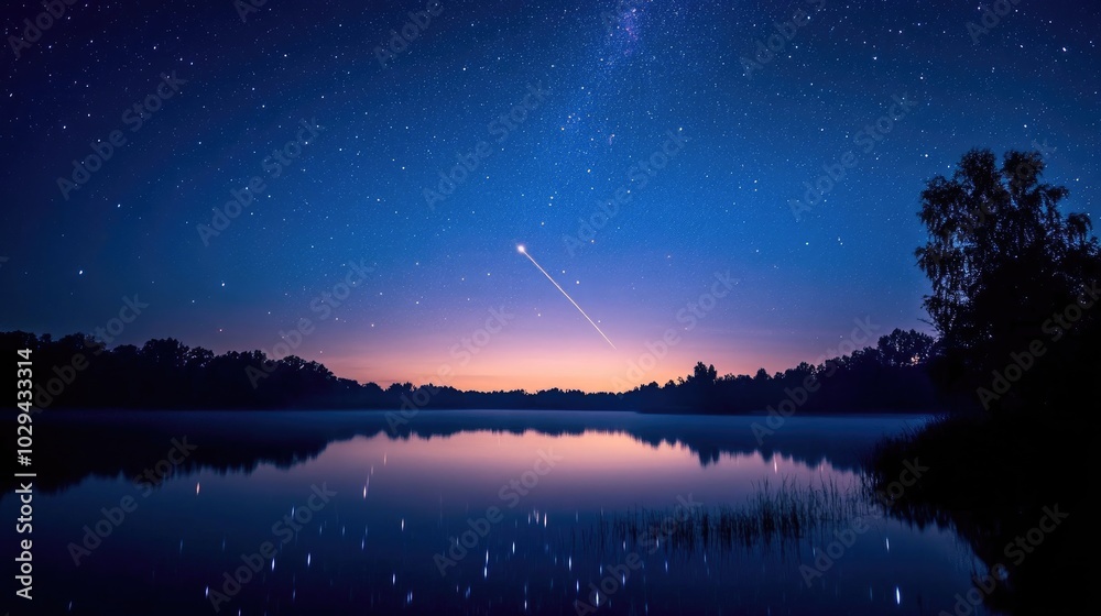 A tranquil lake reflecting the starry night sky, with a shooting star in the background. A tranquil lake reflecting the starry night sky, with a shooting star in the background.