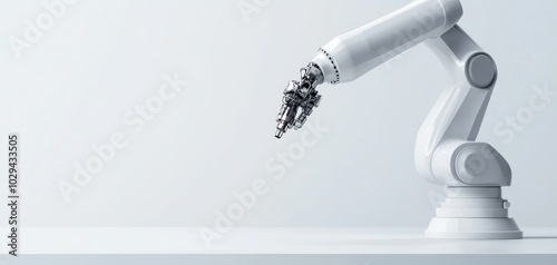 A robotic arm assembling products, advanced automation in industry, 3D rendering, metallic tones, isolated on white background