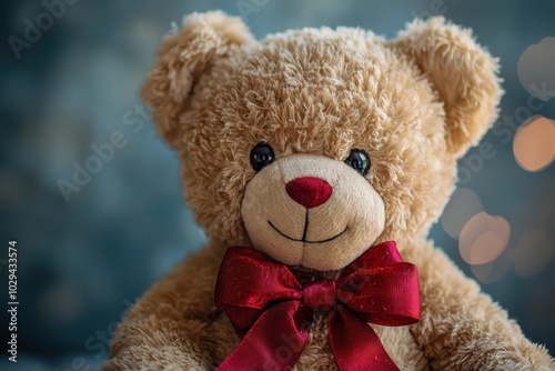 A close-up of a cuddly teddy bear wearing a red bow, perfect for Valentine’s Day gifts, symbolizing love, warmth, and affection..