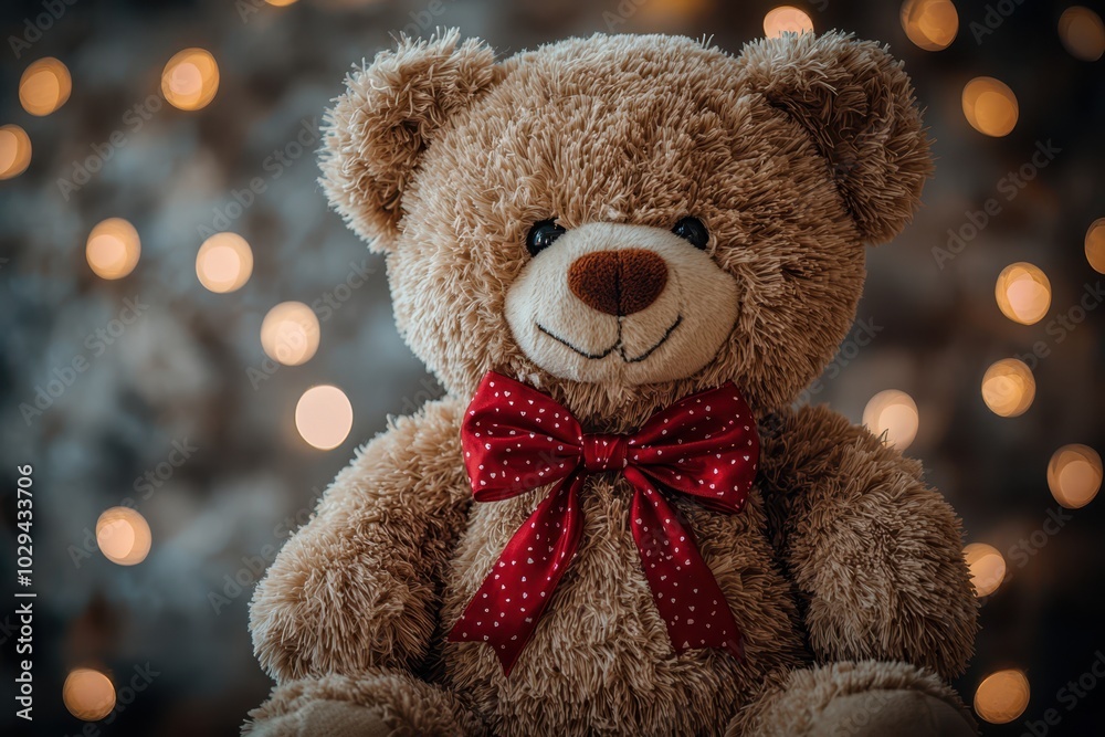 A close-up of a cuddly teddy bear wearing a red bow, perfect for Valentine’s Day gifts, symbolizing love, warmth, and affection..