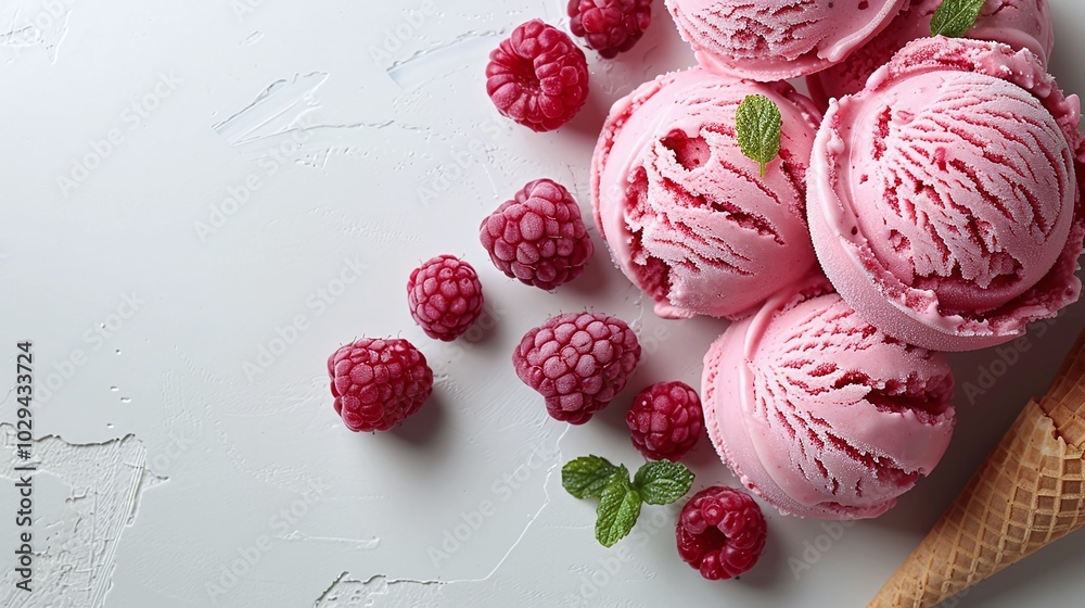 Scoops of raspberry ice cream surrounded by frozen raspberries on a white background, flat lay composition with copy space. Refreshing berry dessert concept for menus and advertisements.
Scoops of raspberry ice cream surrounded by frozen raspberries on a white background, flat lay composition with copy space. Refreshing berry dessert concept for menus and advertisements.