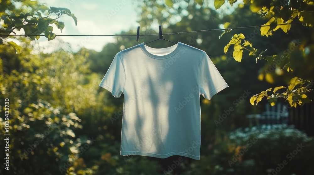 A t-shirt hanging on a clothesline, gently swaying in the breeze. A t-shirt hanging on a clothesline, gently swaying in the breeze.