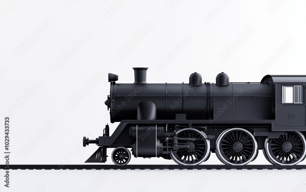 Naklejka premium A steam locomotive in a rail yard, transportation industry, 3D rendering, vintage style, isolated on white background