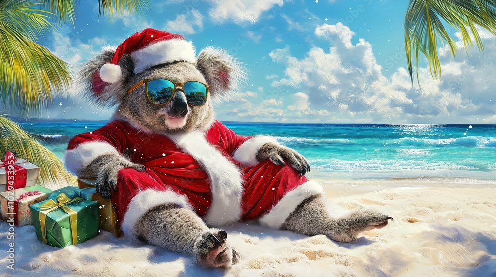 Fototapeta premium A cool koala Santa on a sunny beach resort, with a scenic ocean backdrop, perfect for a festive Christmas greeting card