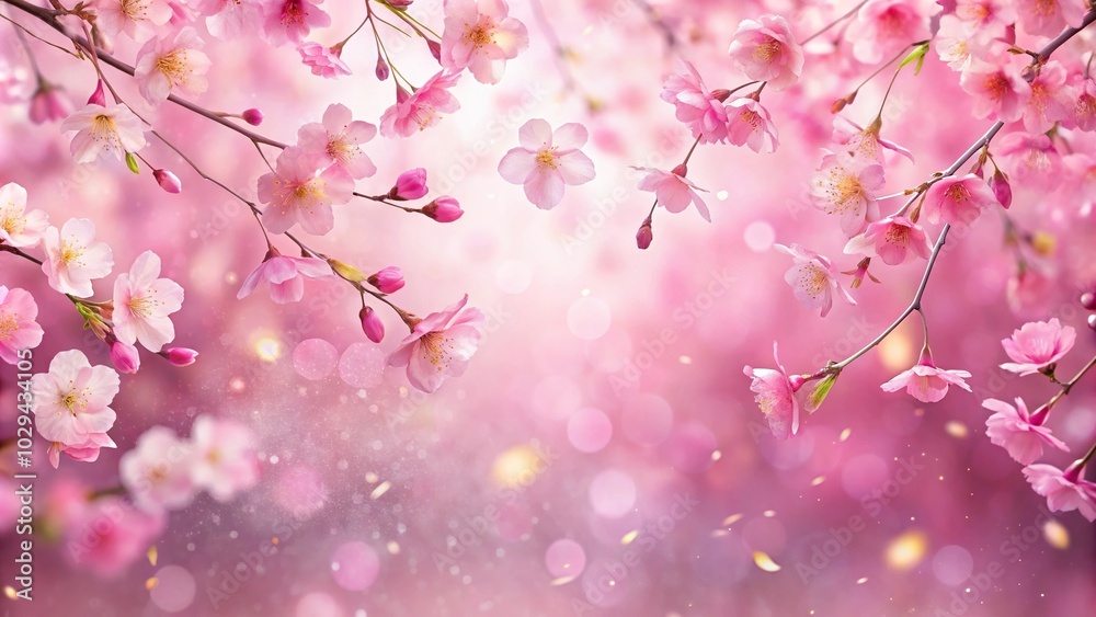 Romantic pink cherry blossom petals falling in glittering bokeh on lavish pink background