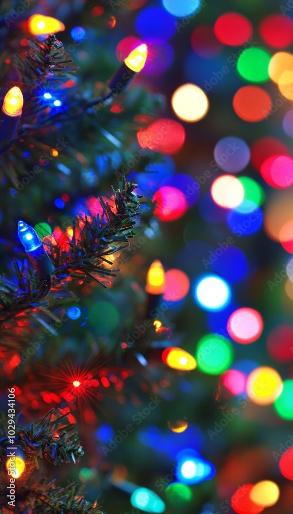 Close-up of a Christmas tree with colorful lights, creating a festive and cheerful atmosphere. Close-up of a Christmas tree with colorful lights, creating a festive and cheerful atmosphere.