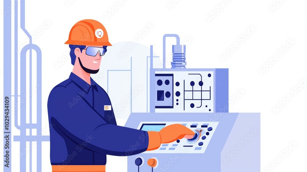 A worker in a control room, monitoring industrial processes, flat design, blue tones, isolated on white background A worker in a control room, monitoring industrial processes, flat design, blue tones, isolated on white background