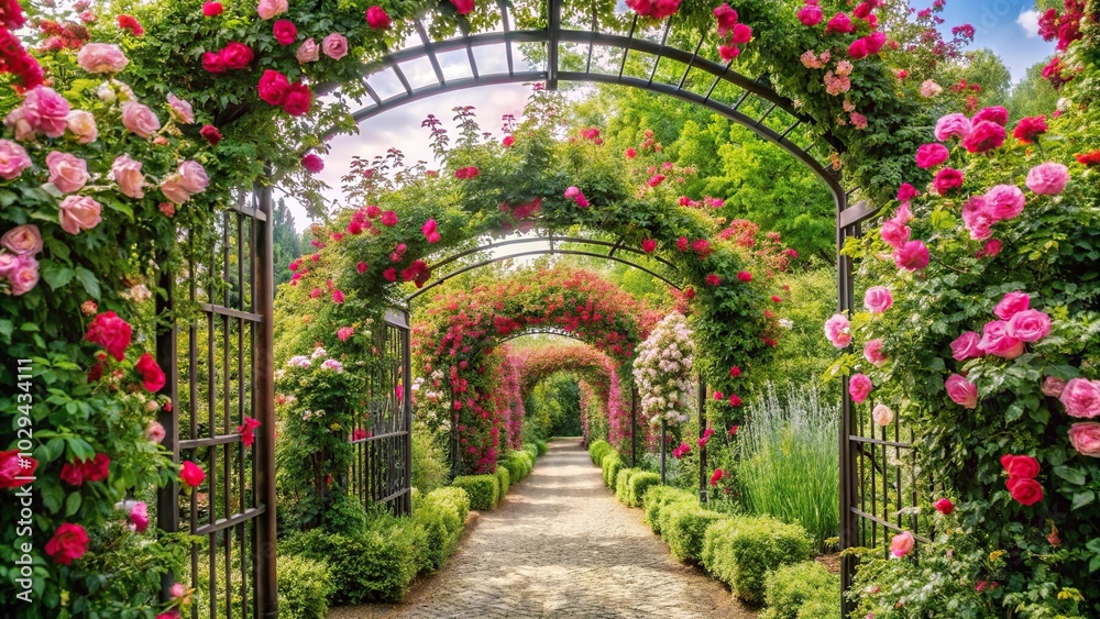 Fototapeta premium Romantic pathway with iron trellis and overgrown roses in lush garden