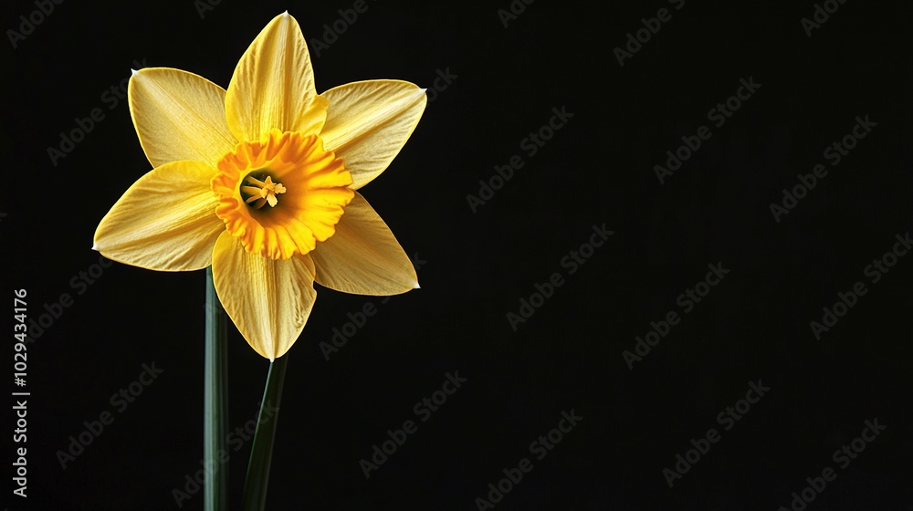 Fototapeta premium A yellow daffodil in a vase against black background with a green stem in the foreground