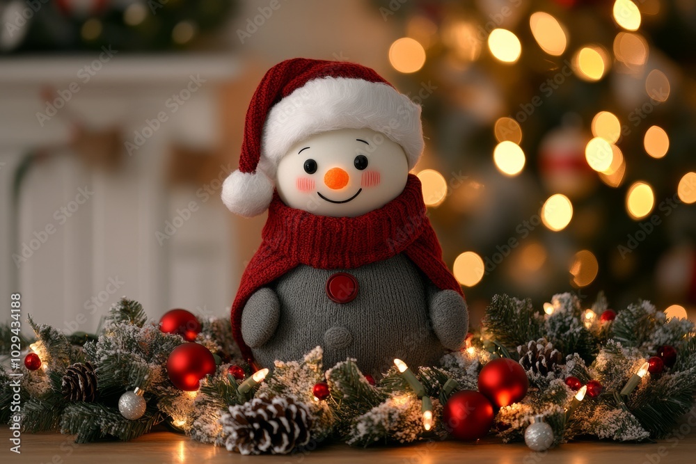 A cheerful snowman wearing a red scarf and hat sits in front of a Christmas tree with twinkling lights. A cheerful snowman wearing a red scarf and hat sits in front of a Christmas tree with twinkling lights.