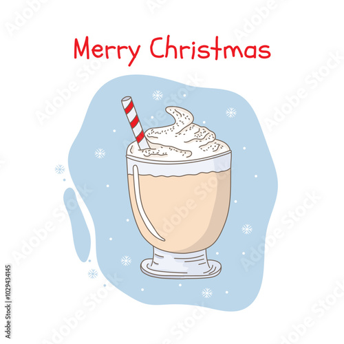Christmas traditional drink eggnog in a glass glass on a stem with a lollipop stick in a vector. For the design of postcards, invitations, menus
