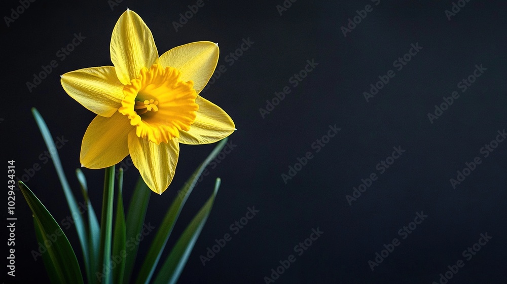 Yellow daffodil in vase with green stems against blue backdrop Yellow daffodil in vase with green stems against blue backdrop