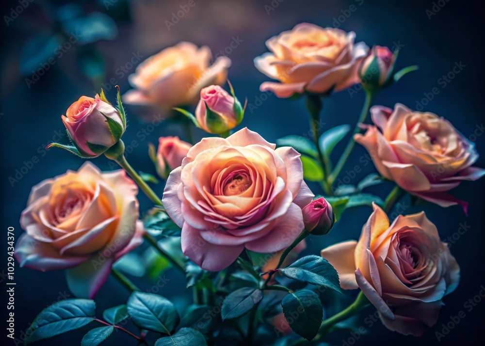 Low Light Photography of Rose Cuttings in a Serene Garden Setting Low Light Photography of Rose Cuttings in a Serene Garden Setting
