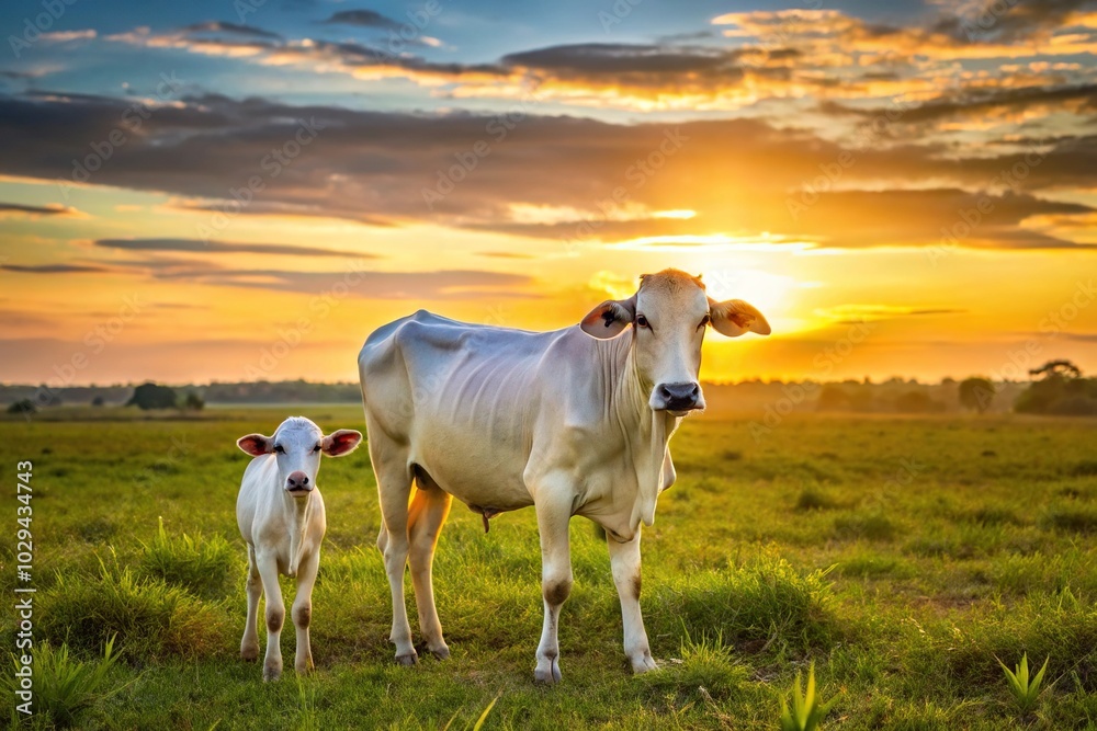 Nellore cattle calf and cow grazing on pasture during sunset high angle view Nellore cattle calf and cow grazing on pasture during sunset high angle view