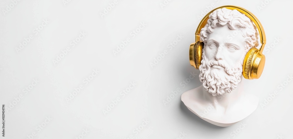 Classical sculpture of bearded figure with gold headphones, elegant contrast between ancient art and modern technology, regal and stylish Classical sculpture of bearded figure with gold headphones, elegant contrast between ancient art and modern technology, regal and stylish
