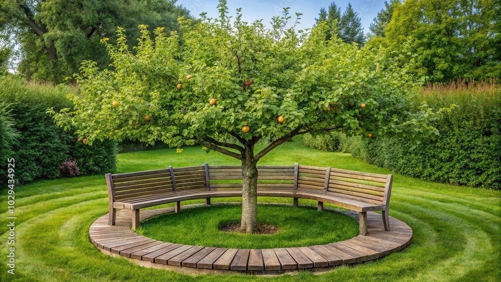 Fototapeta premium Round bench around apple tree in garden